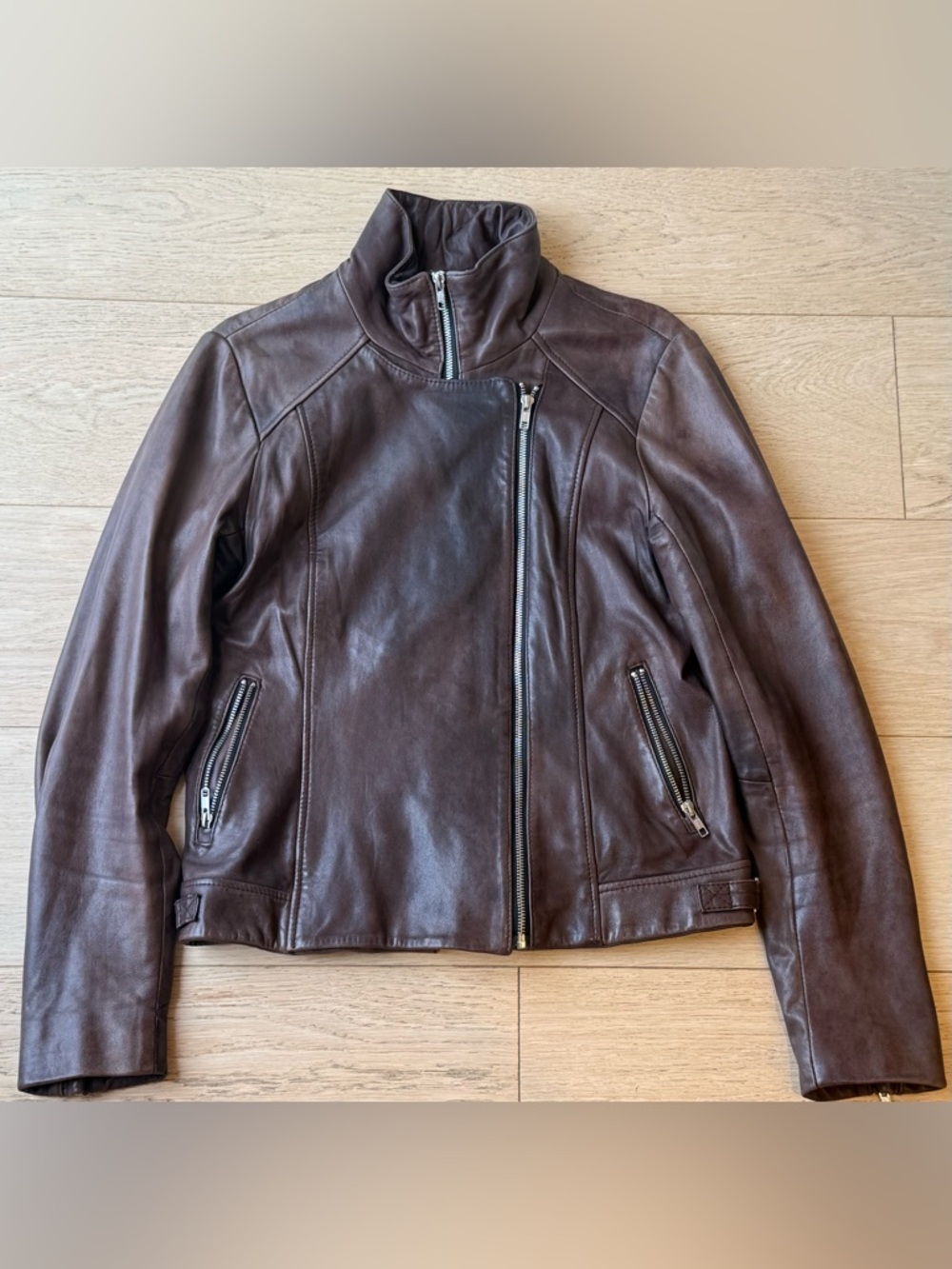 SOIA & KYO Vintage Genuine Lambskin Leather Jacket Multi-Zip Moto Espresso Brown - Picture 2 of 7